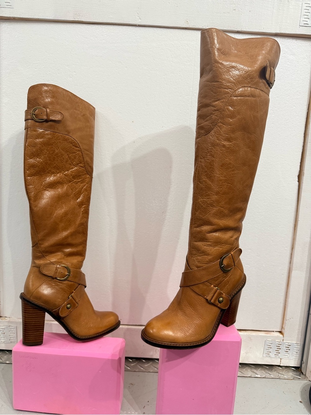 Boutique 9 Cognac Leather Over-the-Knee Boots with Buckle Straps
